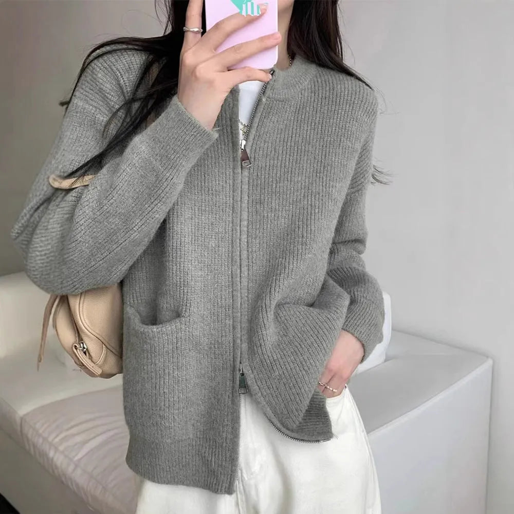 Women's beige soft wind sweater coat cardigan with long sleeves on hanger