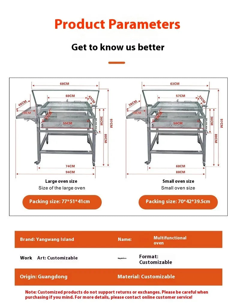 Large foldable charcoal barbecue oven set up in a garden for grilling.