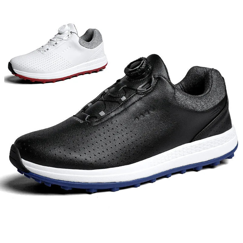 Men's low top white golf sneakers with breathable holes and a broken nail pattern sole.