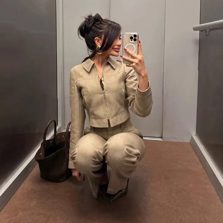 Women's summer suit set with 3D herringbone pattern embroidery on jacket and trousers