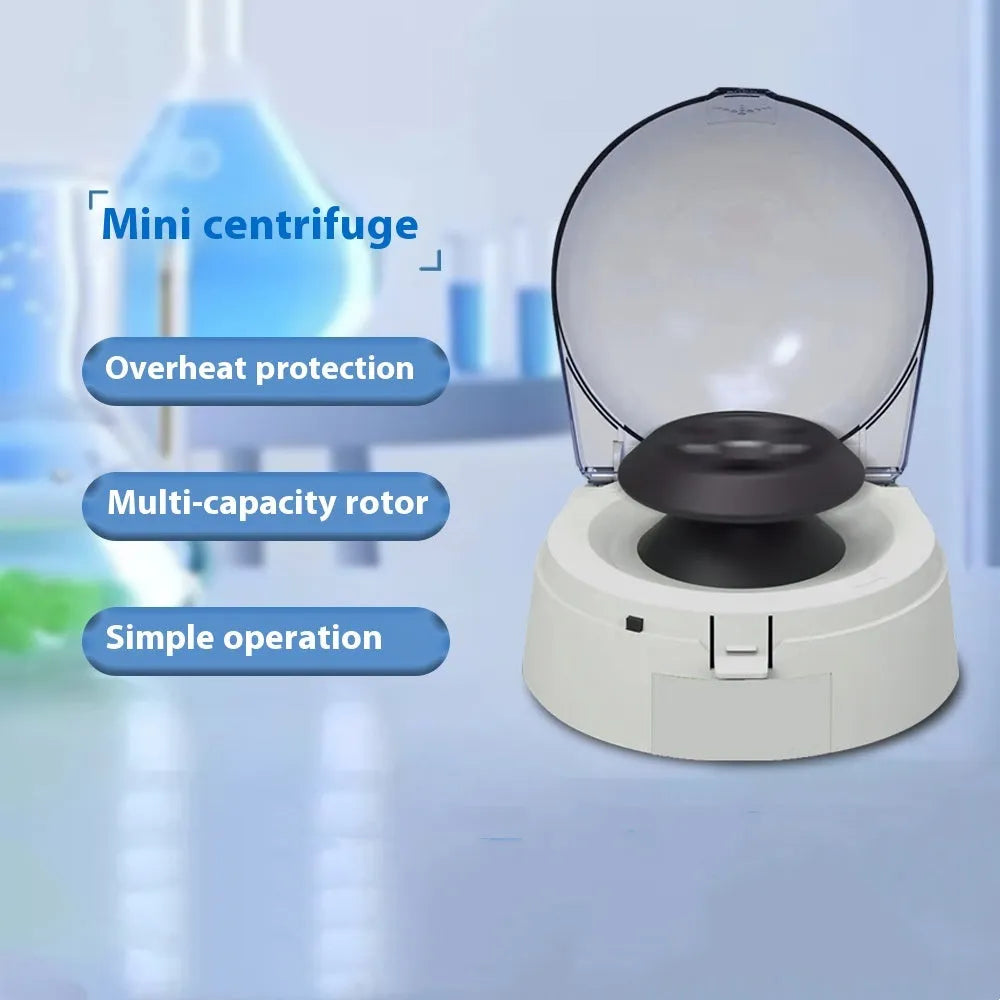 Mini laboratory centrifuge with 7000 rpm speed and compact 157mm x 170mm x 120mm dimensions