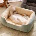 Short plush pet bed cushion shown in multiple colours and labelled sizes from S to XXL.