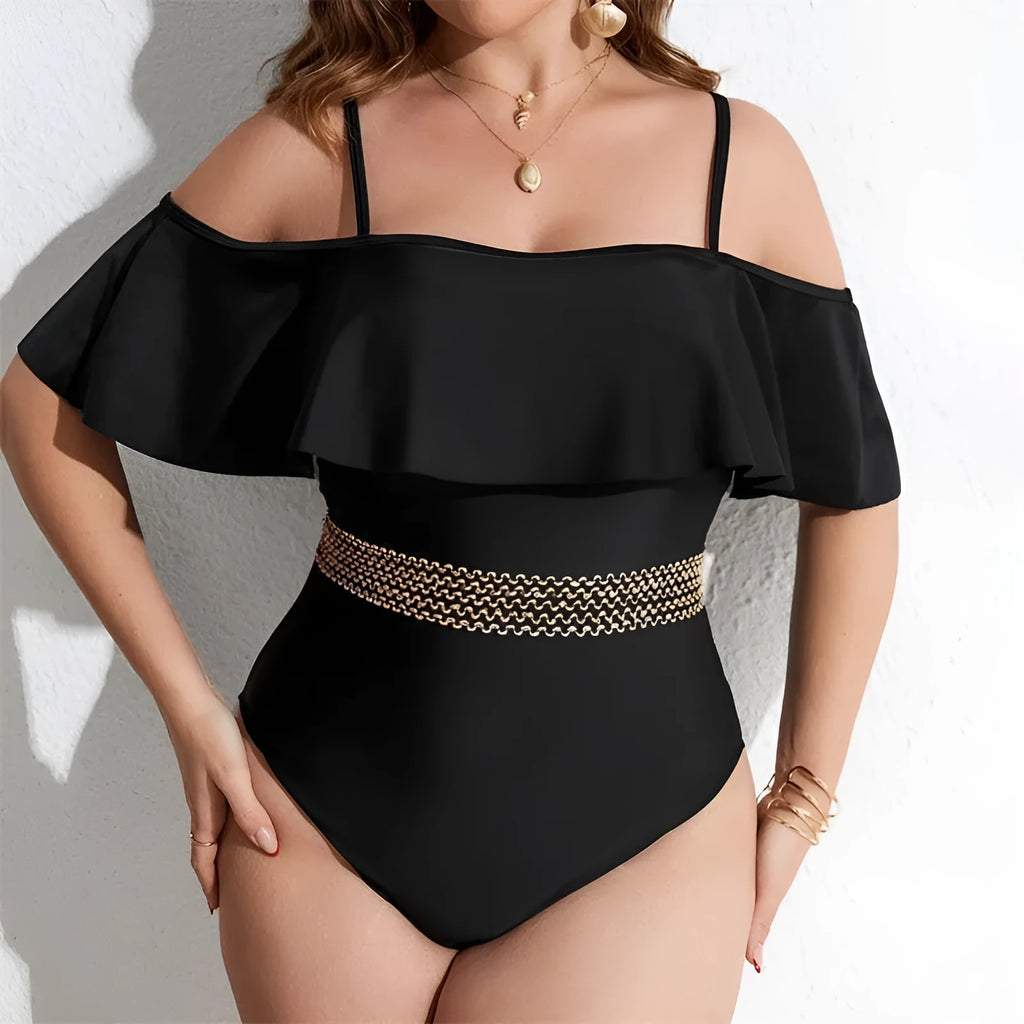 Black solid colour one-piece swimsuit for women on a mannequin