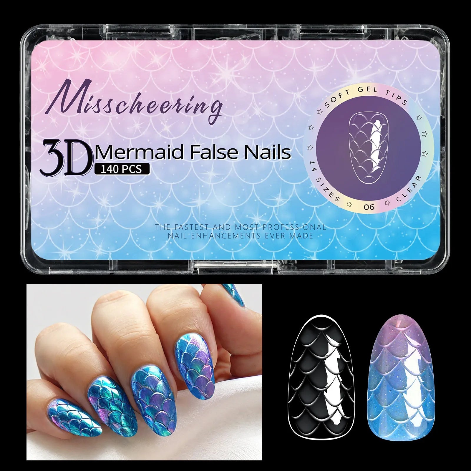 Box of 3D scale long shaping artificial nail tips for manicures.