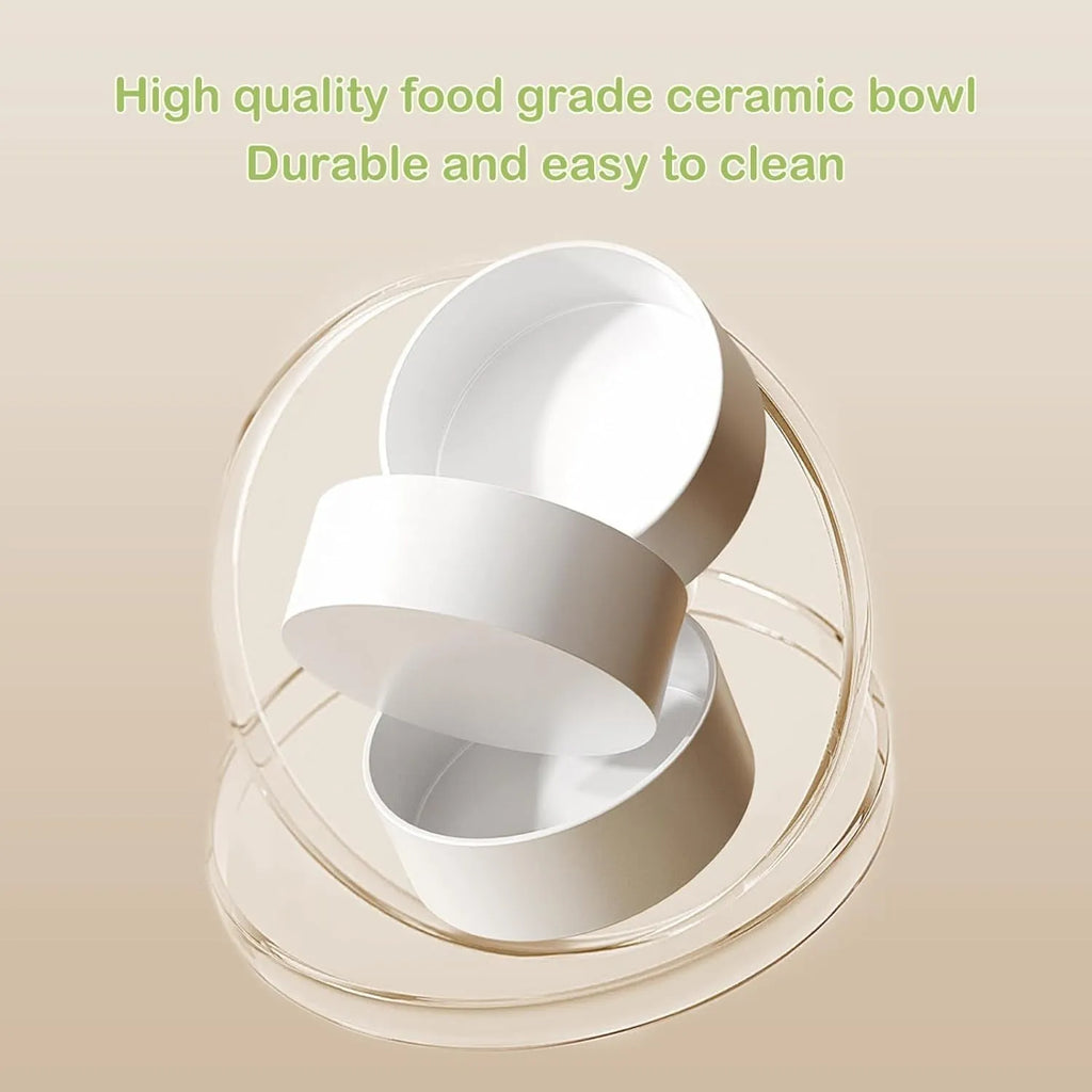 Green ceramic elevated cat bowls with tilted stand and dual bowls on wooden floor