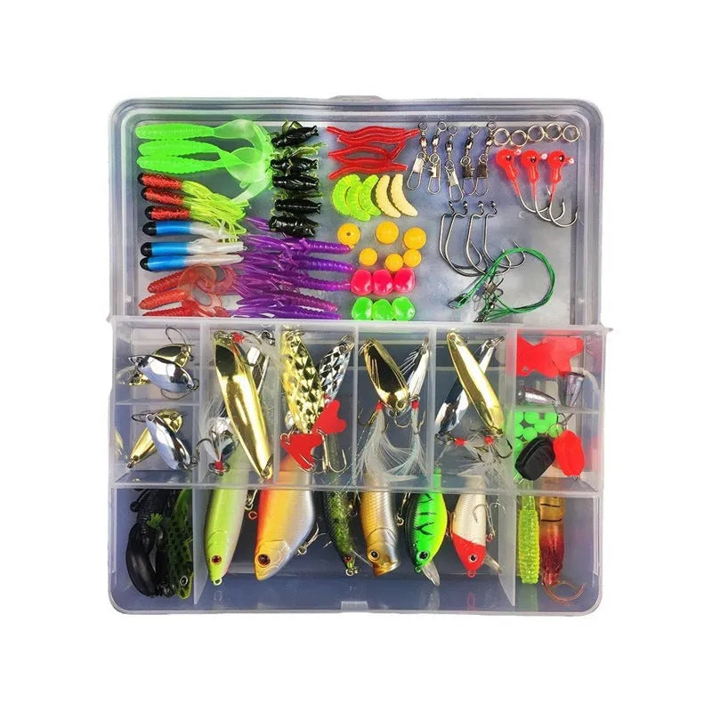Junior fishing lure suit showing soft plastic baits organised in blue PP plastic storage tackle box
