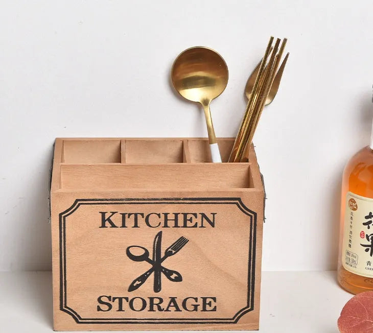 Wooden kitchen storage box with divider grid for knives forks chopsticks