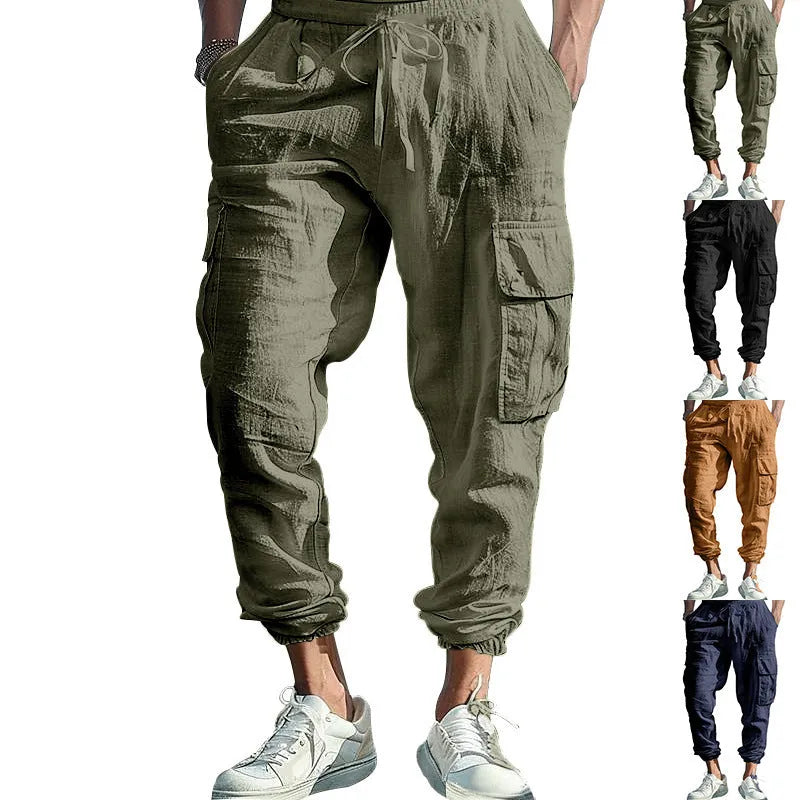 Men's ankle-tied linen trousers in Army Green colour showing multi-pocket design and drawstring waist