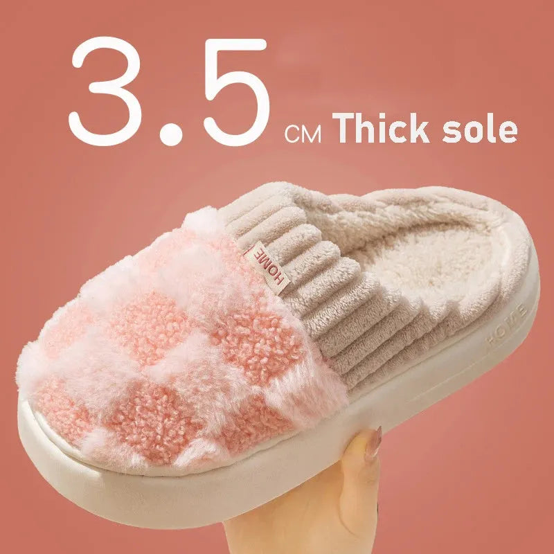 Women's plaid plush slippers in coffee colour with round toe and non-slip sole