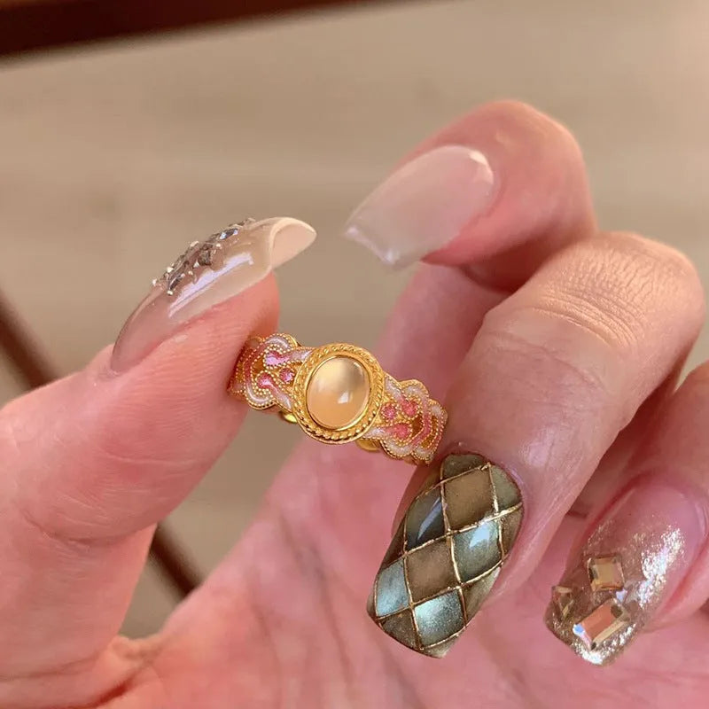 Pink crystal enamel geometric open ring for women with gold plated finish