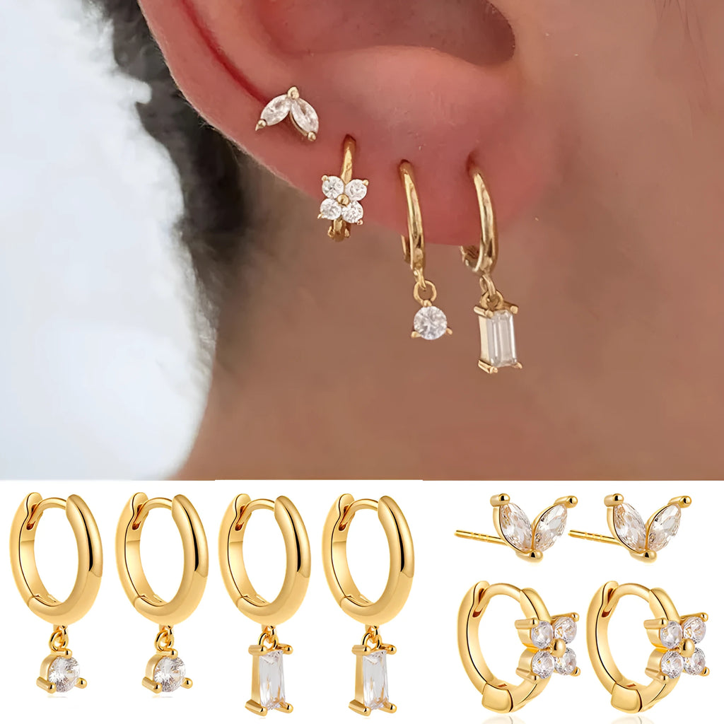 Copper plating zircon geometric square earrings four-piece set gold silver colour women's jewellery