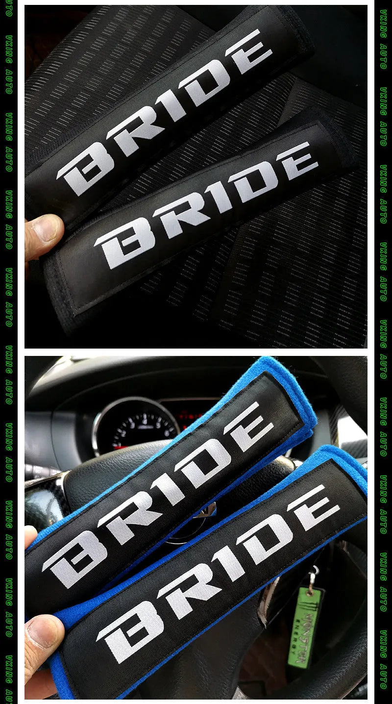Car seat belt shoulder pad set in black, blue, or red colours with sponge padding and decorative embroidery