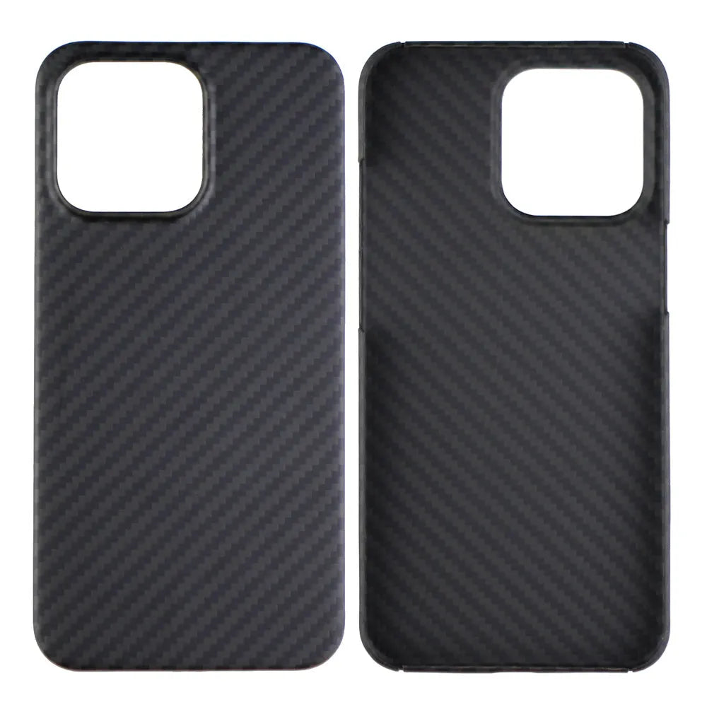 Matte black real carbon Kevlar fibre protective case for Apple iPhone, showing crater texture detail.