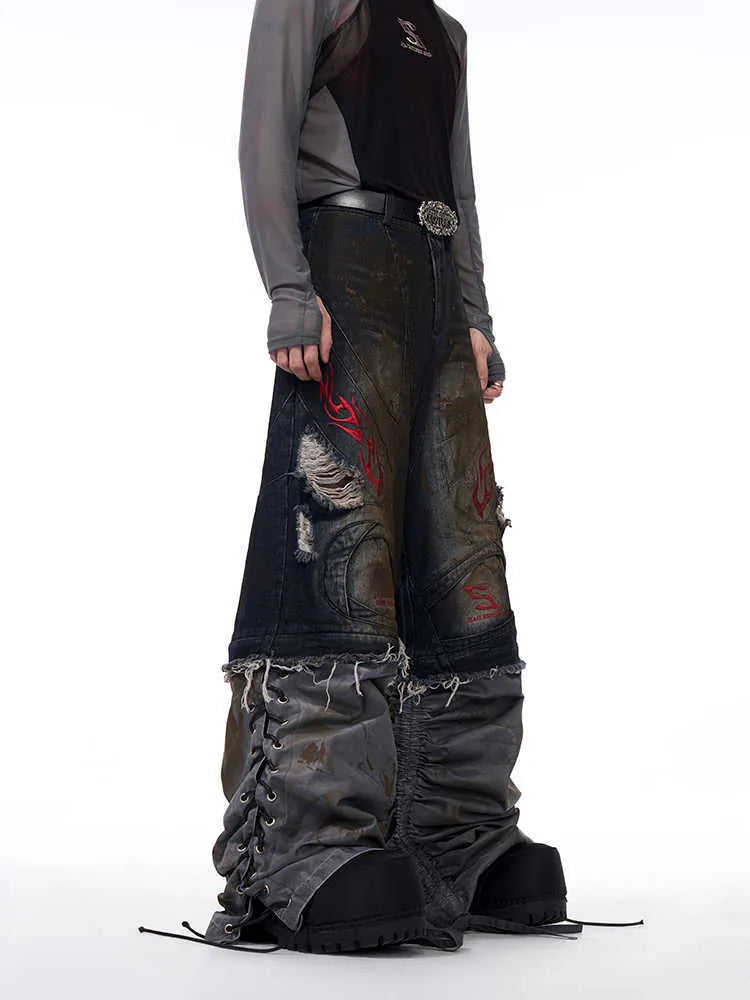 Men's retro jeans with detachable trouser legs in loose wide-leg fit and picture colour