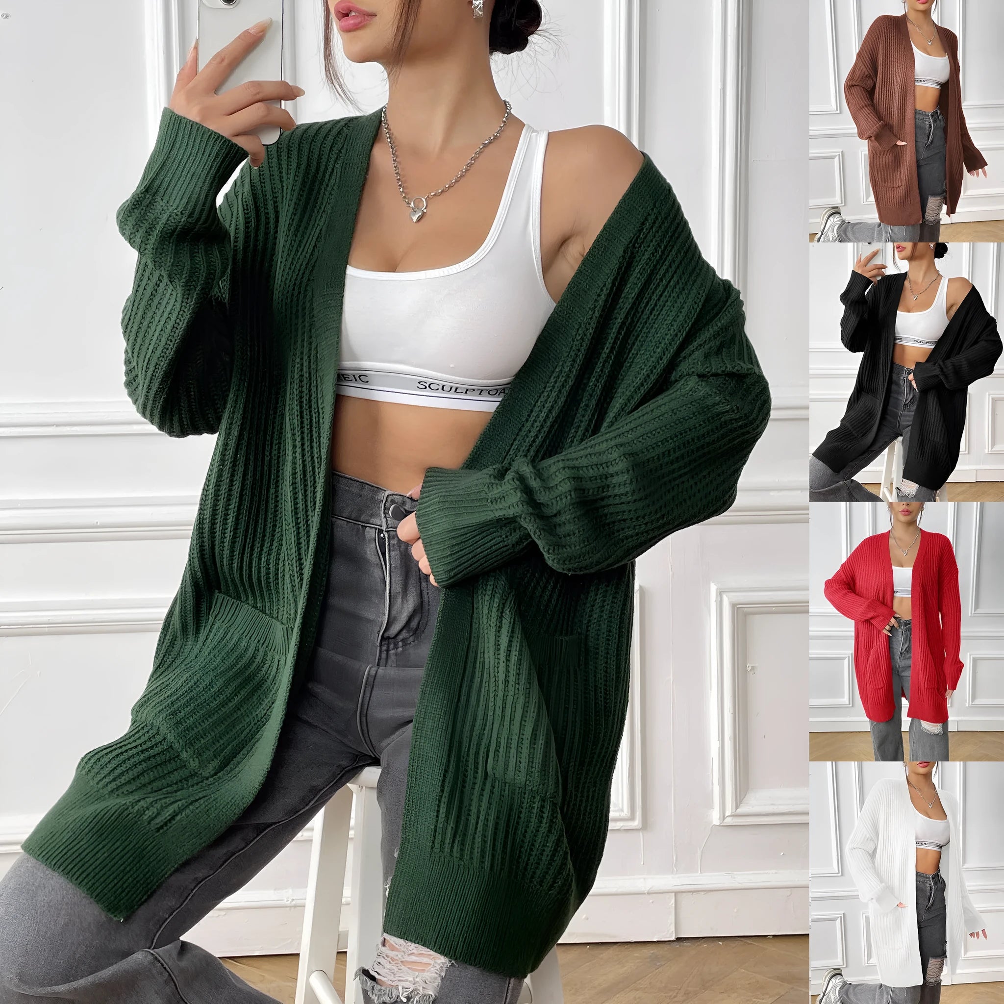 Women's double pocket acrylic cardigan in mid-length loose fit