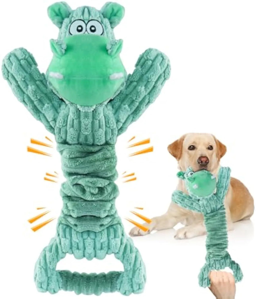 Large plush squeaky dog toy with telescopic body and crinkle paper handle for tug of war play