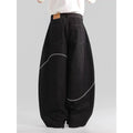 Black straight-leg denim trousers with mid-waist design and zip placket closure