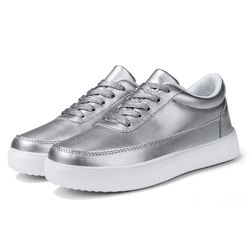 Women's leather lace-up casual flat shoes in white, silver, or gold colour