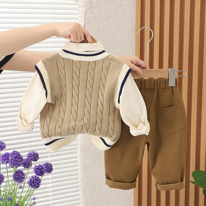 Boys autumn cotton three-piece suit set with vest tie in beige