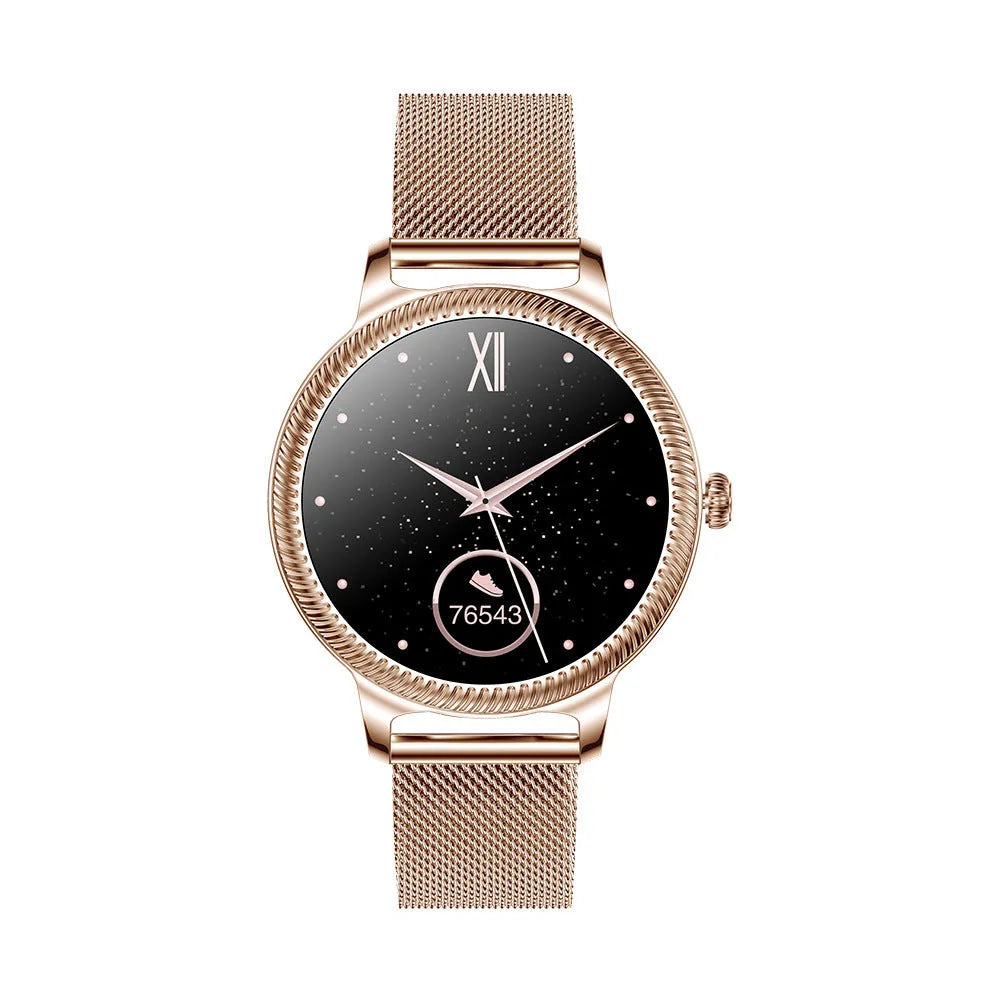 AK38 ladies smart watch with metallic stainless steel strap and 1.09-inch colour screen.