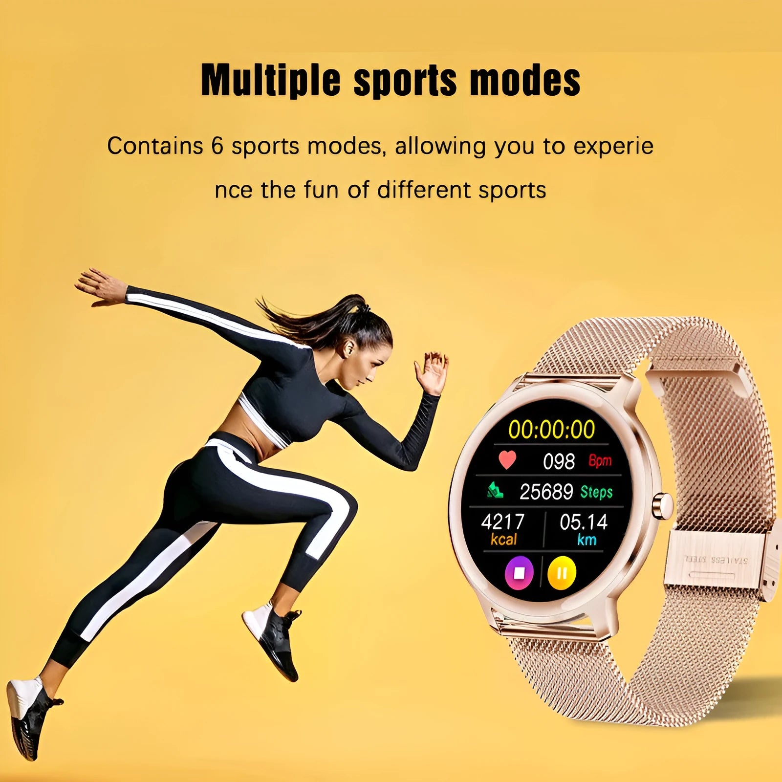 Women's smart watch with stainless steel band options including rose and silver mesh or solid bands