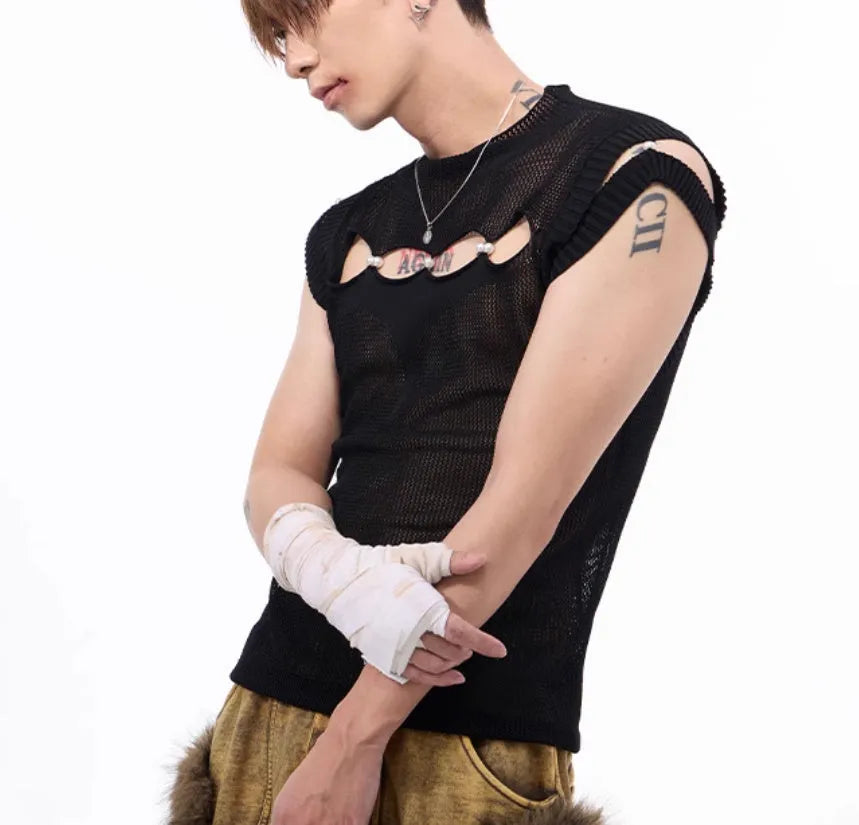 Dark hollow-out knitmesh sleeveless T-shirt with round collar, solid black colour, regular length