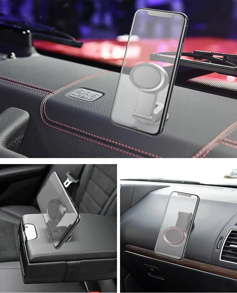360 degree rotating magnetic car phone holder with sticky base, black, 55x40x95mm, holding a smartphone on a car dashboard