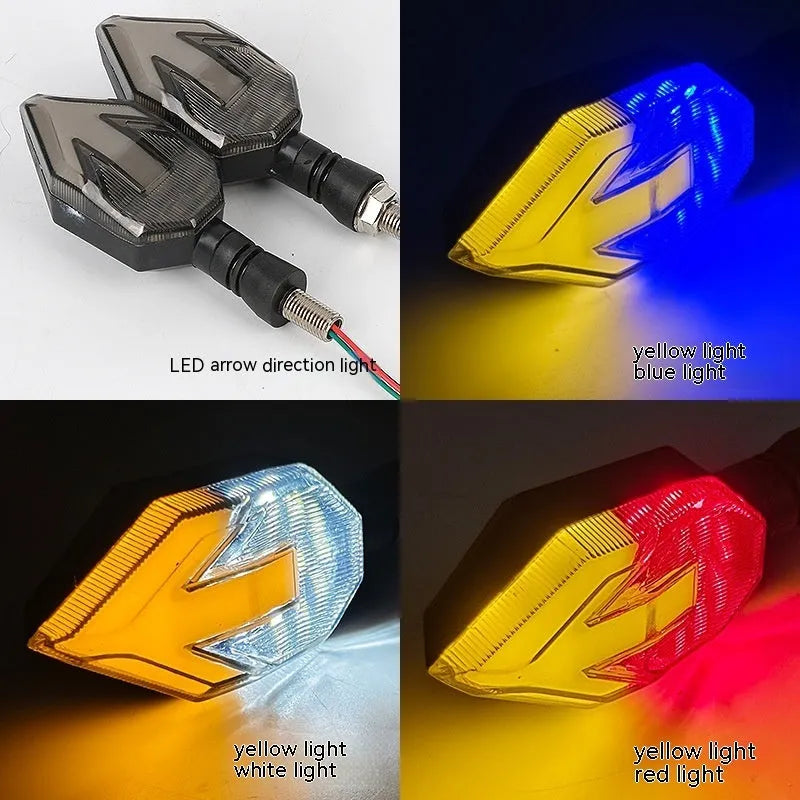 Arrow-shaped LED motorcycle turn signal indicator light with 12V connector.