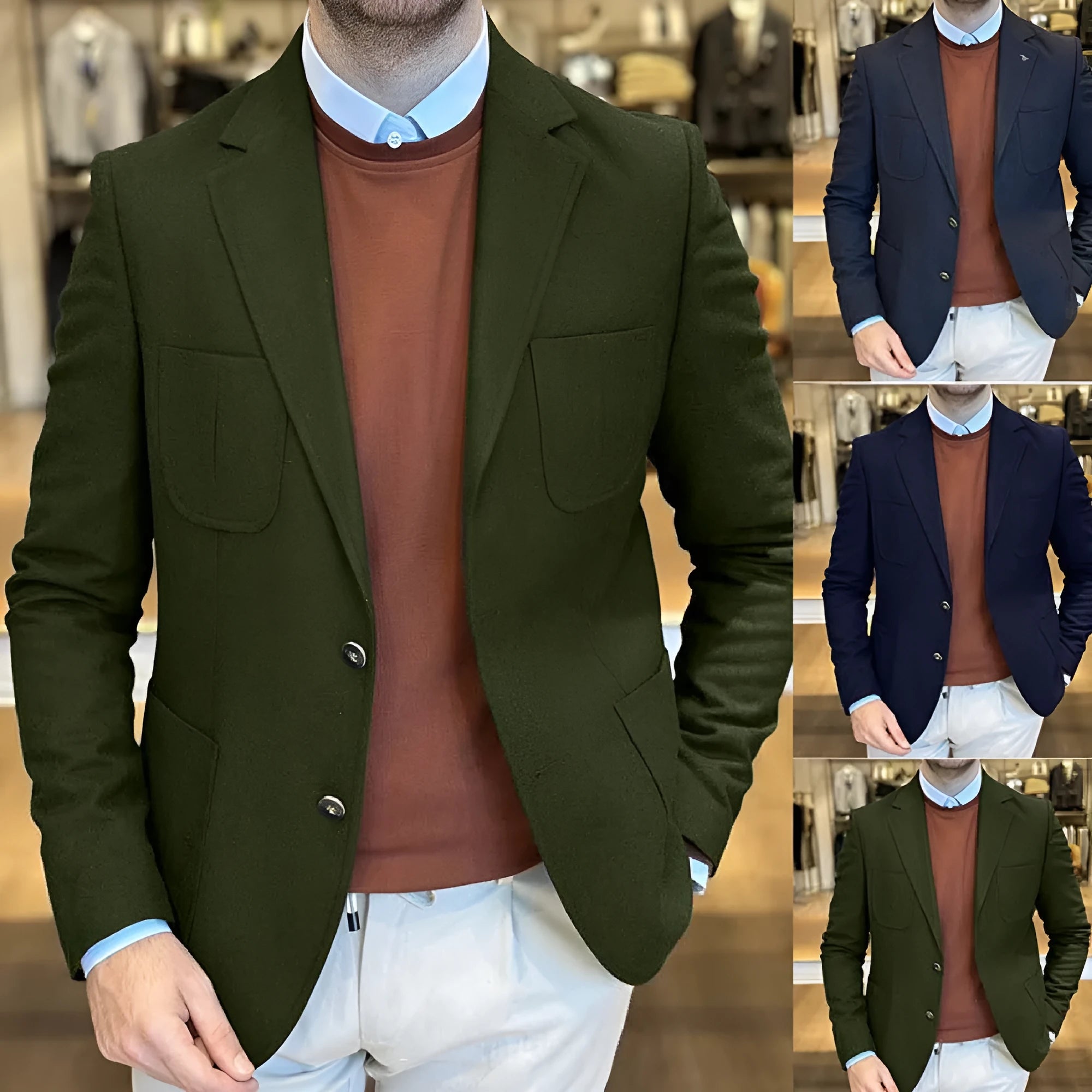 Men's loose-fit casual cotton suit jacket in army green colour on a hanger.