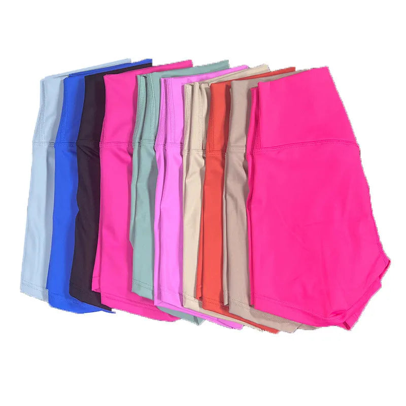 Ladies high waist yoga shorts in nylon fabric available in multiple colours for running and cycling