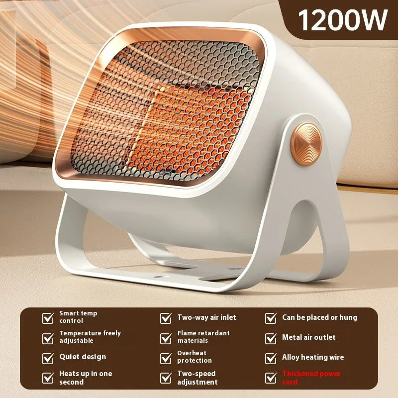 White compact desktop electric heater with rotatable base and push-button controls on front.