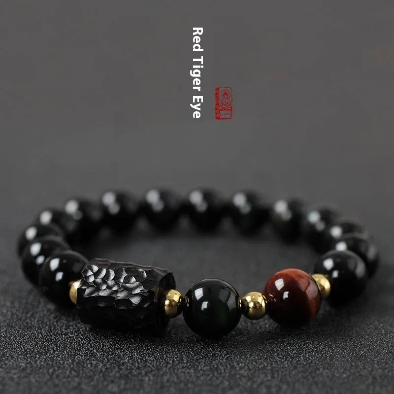 Obsidian bracelet with tiger eye beads in manual craftsmanship 10mm retro circle design
