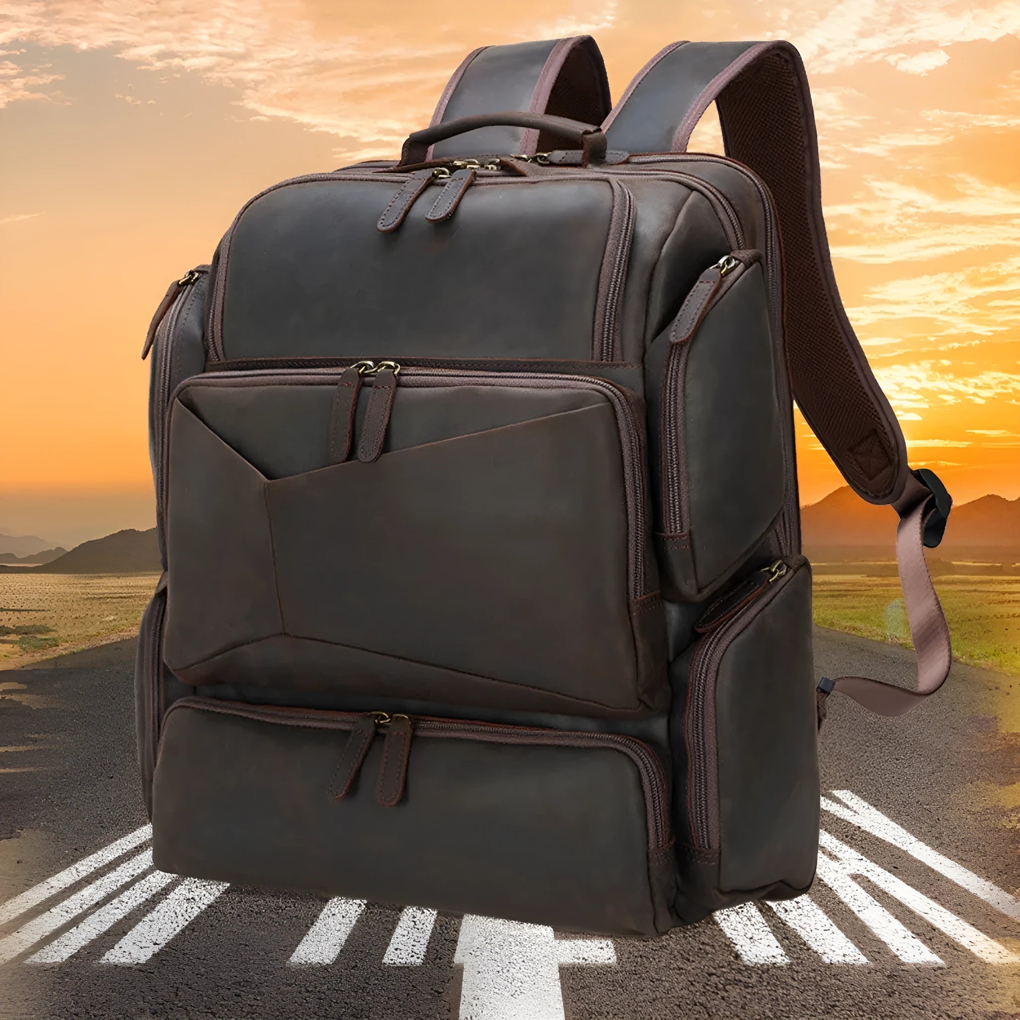 Dark brown Retro Crazy Horse leather backpack for a 17-inch laptop, showing internal organiser pockets.