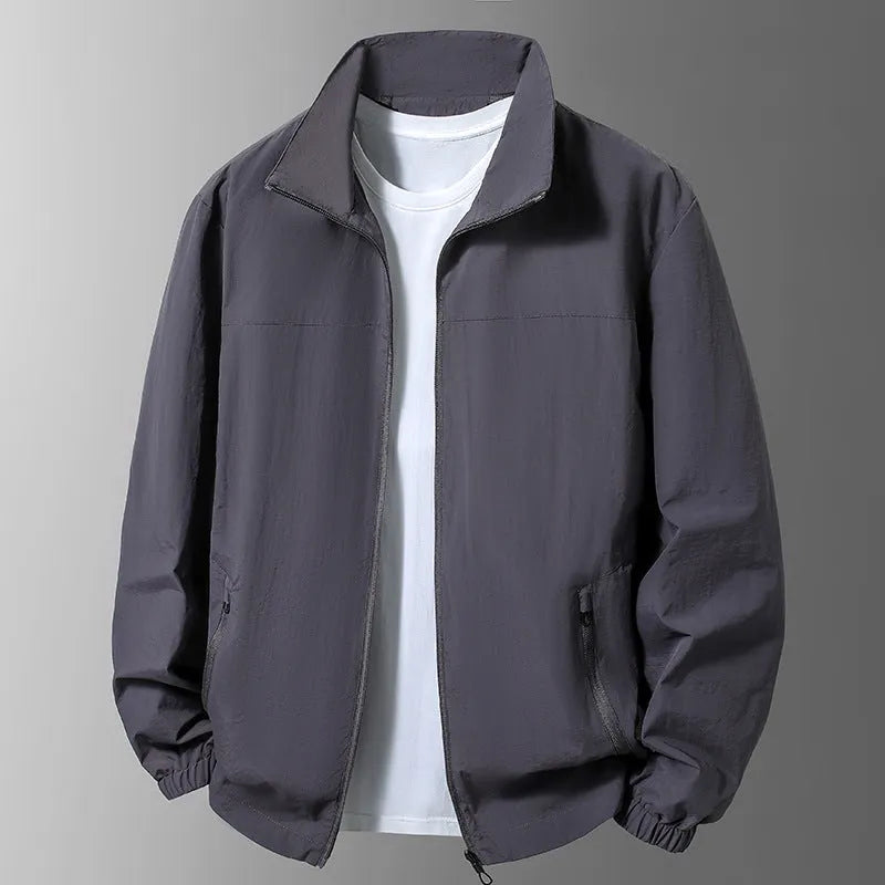 Men's large size casual windproof jacket with stand collar and zipper in khaki colour