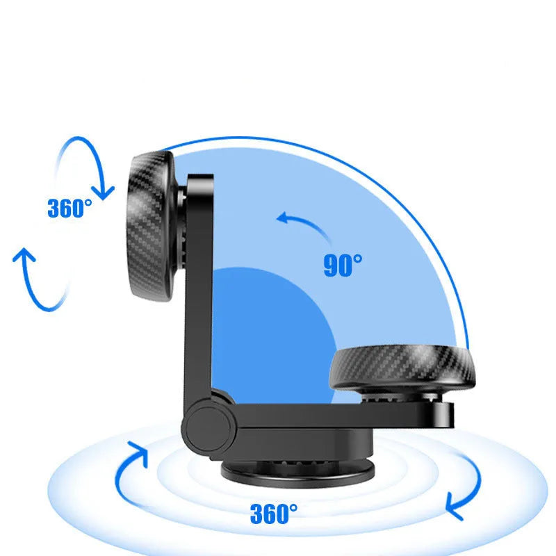360 degree rotating magnetic car phone holder with sticky base, black, 55x40x95mm, holding a smartphone on a car dashboard