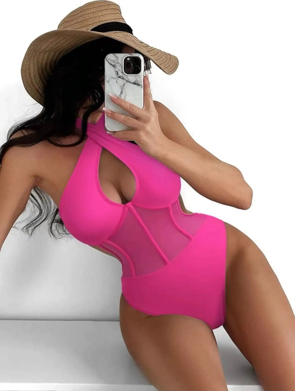 Ladies' one-piece swimsuit bikini in black, rose red, and green colours on a size chart