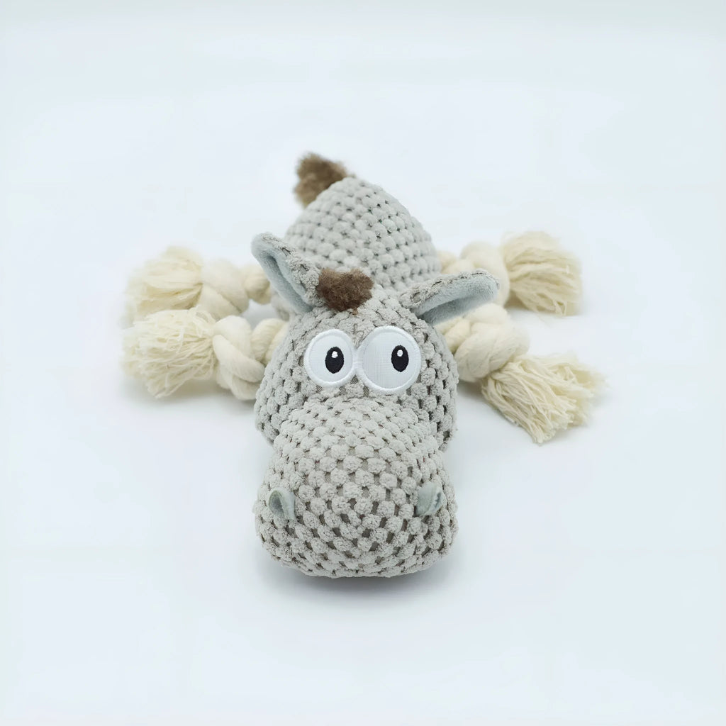 Grey donkey-shaped plush dog toy with creak sound mechanism measuring 27 cm long