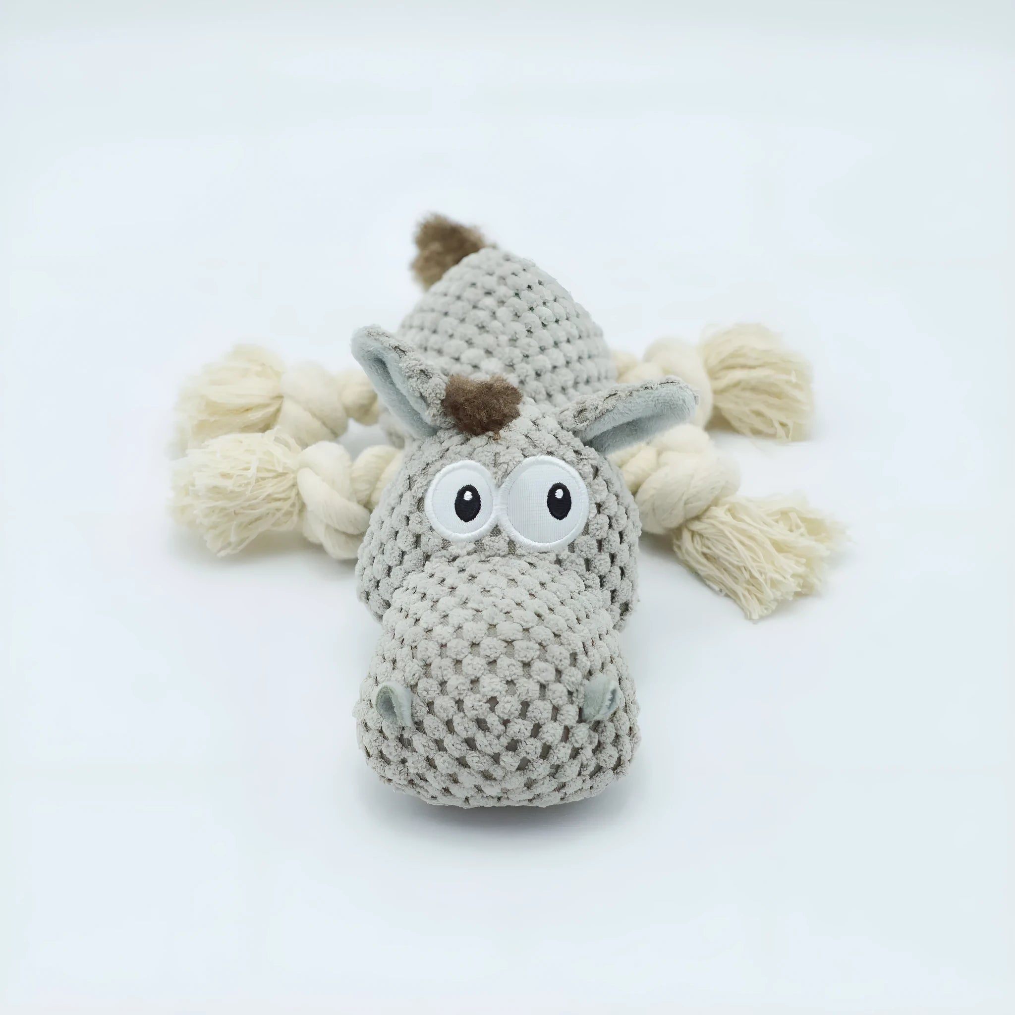 Grey donkey-shaped plush dog toy with creak sound mechanism measuring 27 cm long