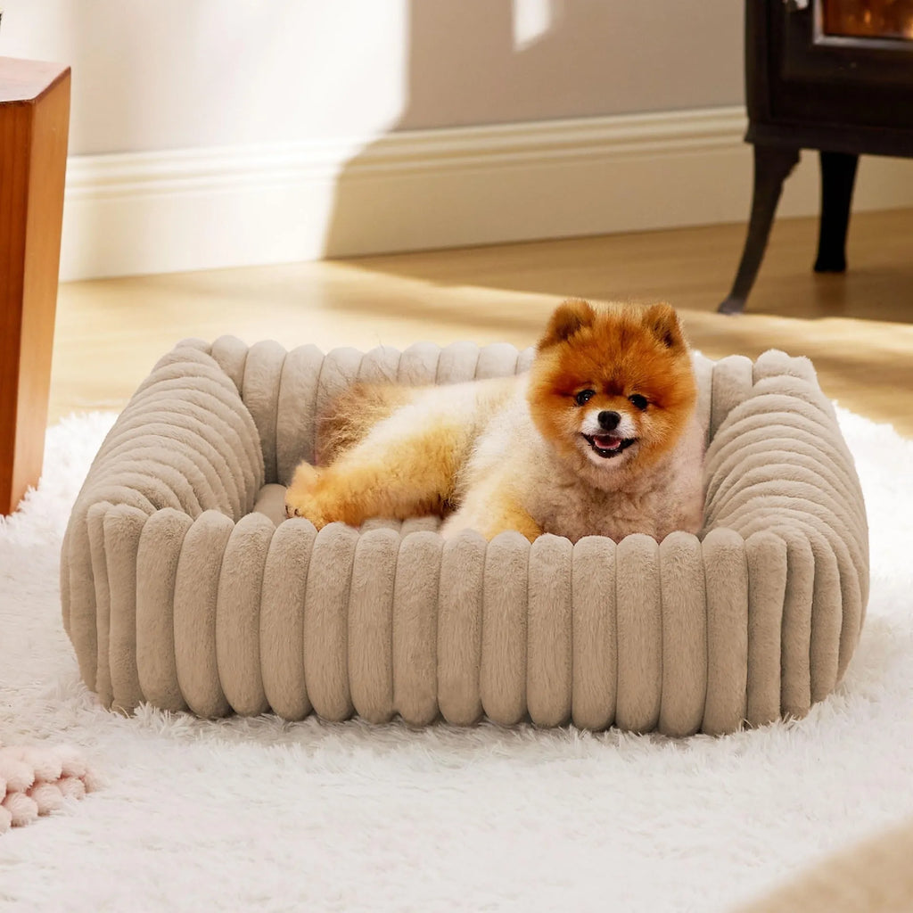 Beige removable cover pet bed for a medium-sized dog on a wooden floor.