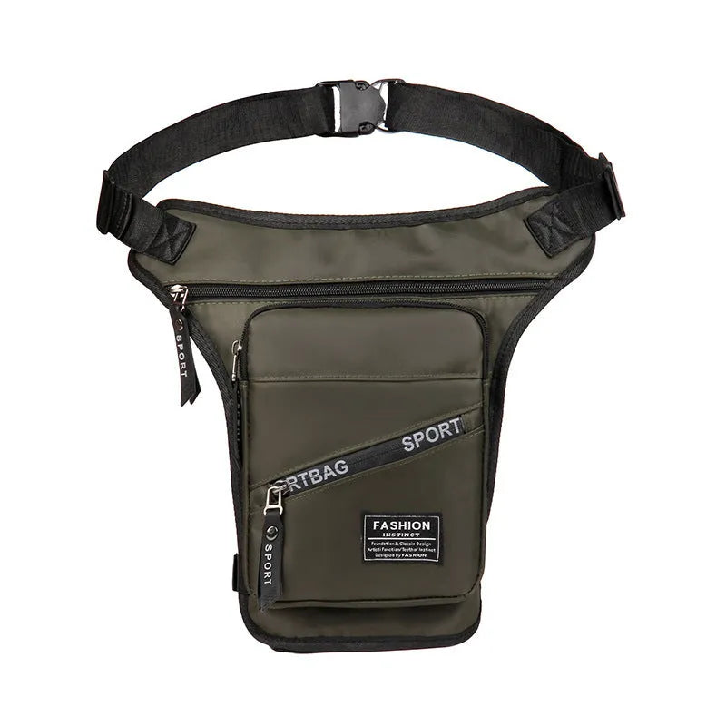 Men's nylon crossbody cycling leg bag in black colour showing waterproof anti-theft features