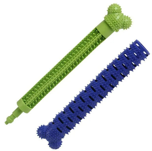 Blue green dog dental cleaning toy stick measuring 25 cm with silicone brush core and massage nodules