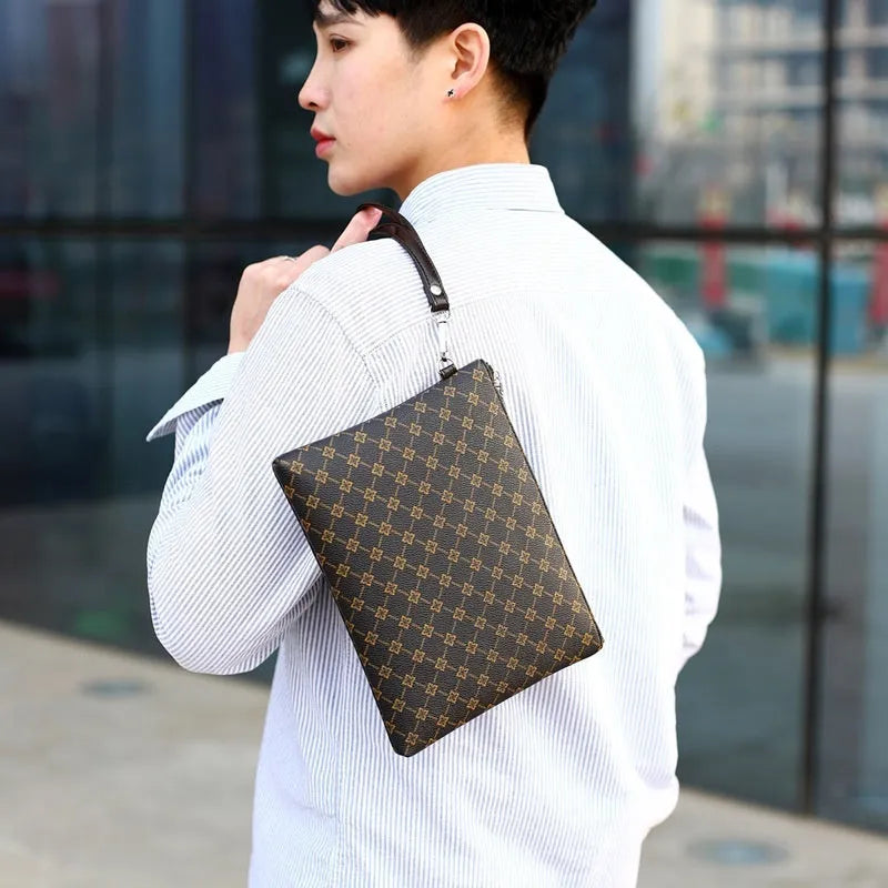 Men's PU leather gingham check clutch bag with soft carry handle and sandwich pocket