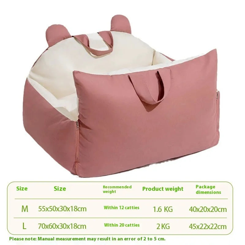 Removable washable dog car kennel in beige, showing M and L size options for vehicle travel.