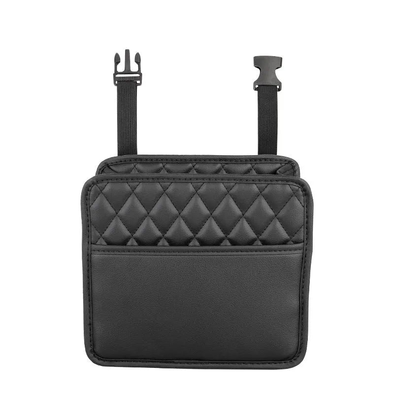 Black leather car hanging storage bag measuring 25cm by 25cm