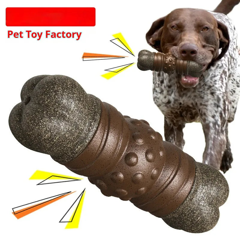 Wood colour plastic bone-shaped dog toy with a textured surface for molar cleaning.