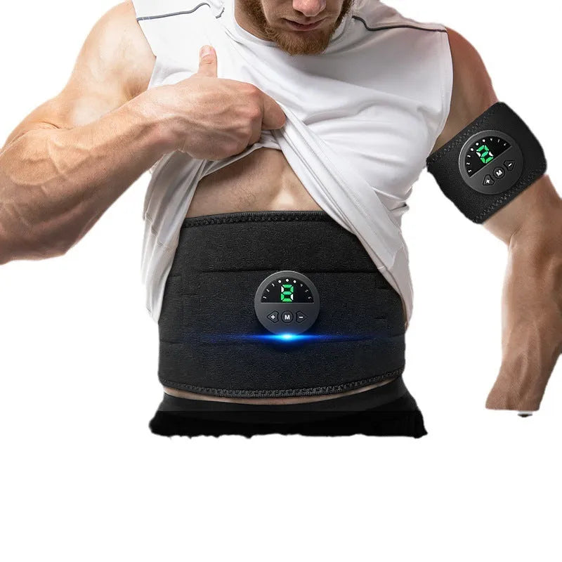 Fitness shaping belt for waist and abdomen with display screen, shown with host and USB cable.