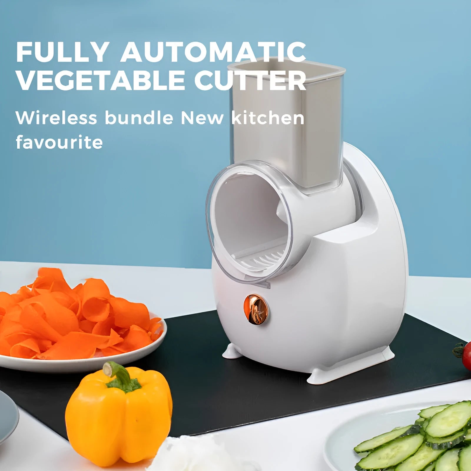 White electric vegetable slicer with rotary cutting mechanism and suction base for kitchen use