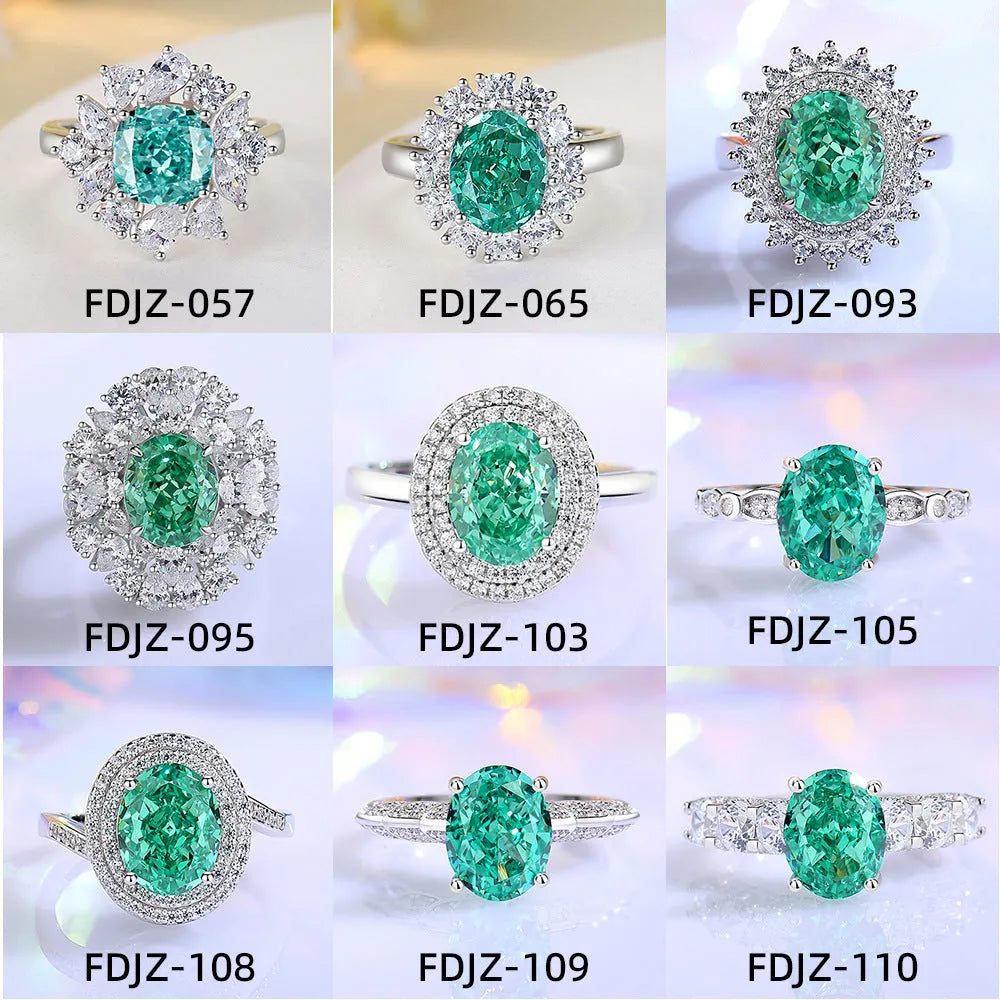 Women's S925 sterling silver geometric ring with oval Palaba emerald and high-carbon diamond accents