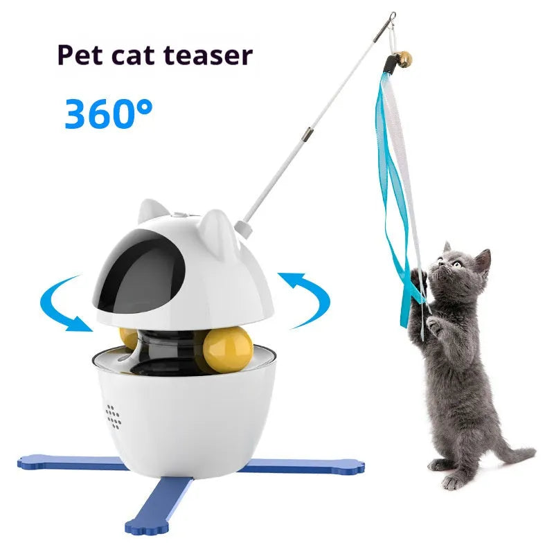 White automatic electronic cat toy with a moving wand, elastic rope, and dangling feathers on a floor.
