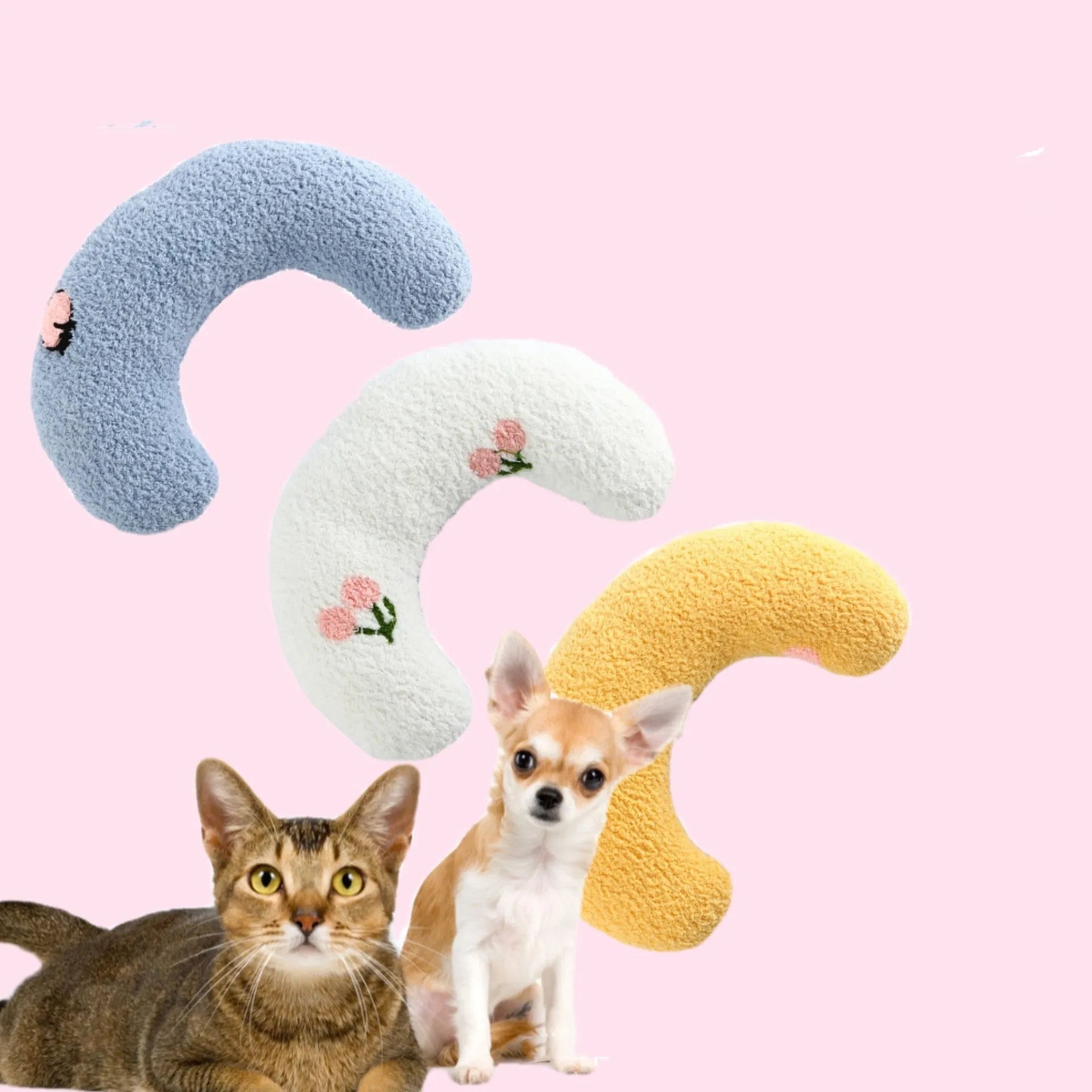 A blue U-shaped plush pet pillow for a cat or small dog on a white background.